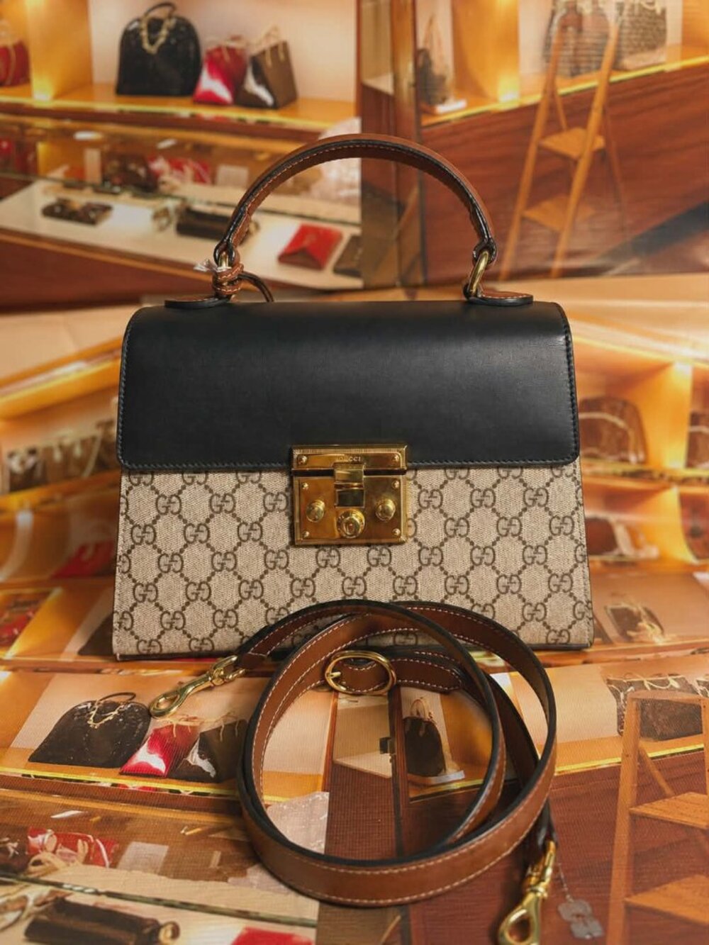 GUCCI GG SUPREME TOP HANDLE CROSSBODY SATCHEL BAG BLACK & BROWN GOLD HARDWARE